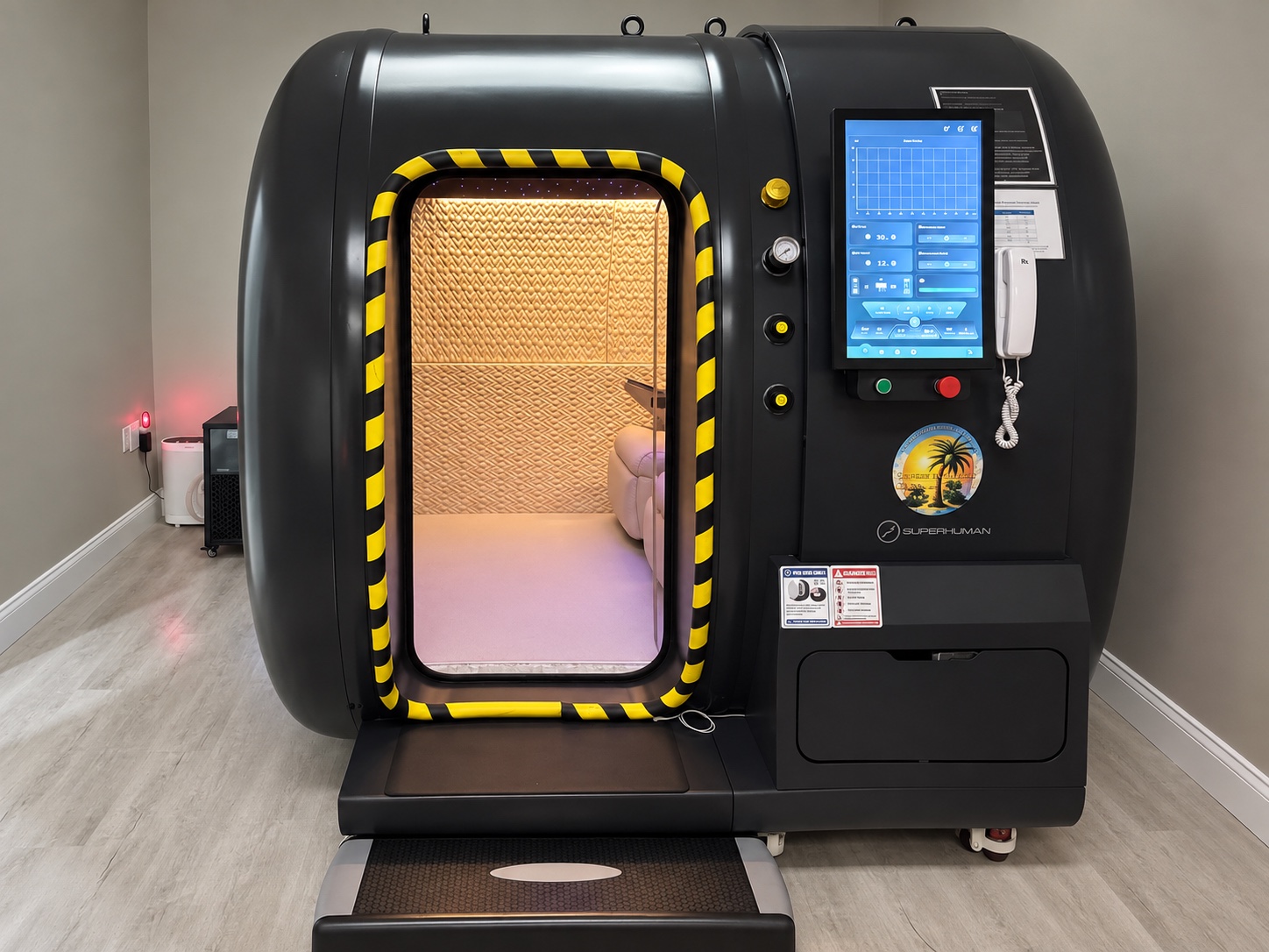 Open entrance and exterior controls of Suntree's hyperbaric chamber