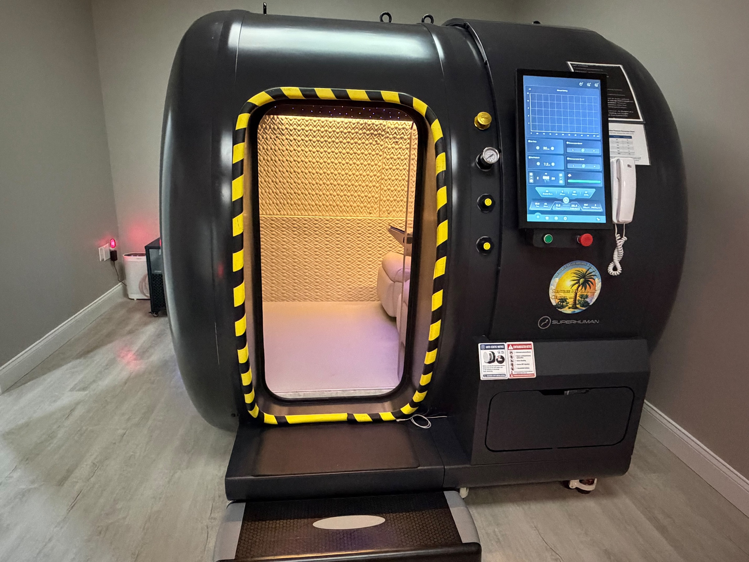 Front view of the two-seat hyperbaric chamber at Suntree in Rockledge